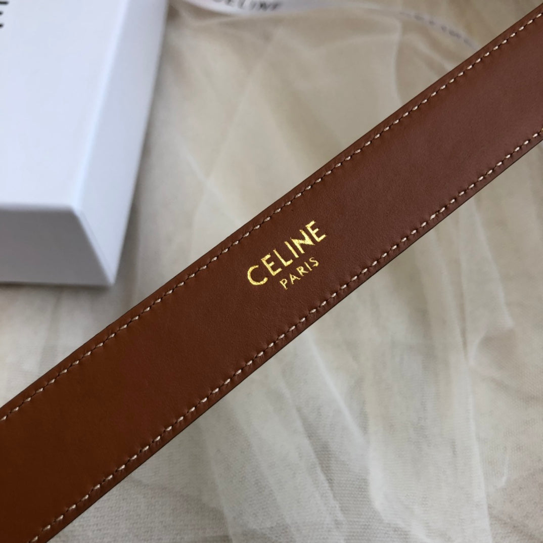 CELINE 25S BELT 25MM IN DARK CARAMEL CALFSKIN GOLD HARDWARE 562437