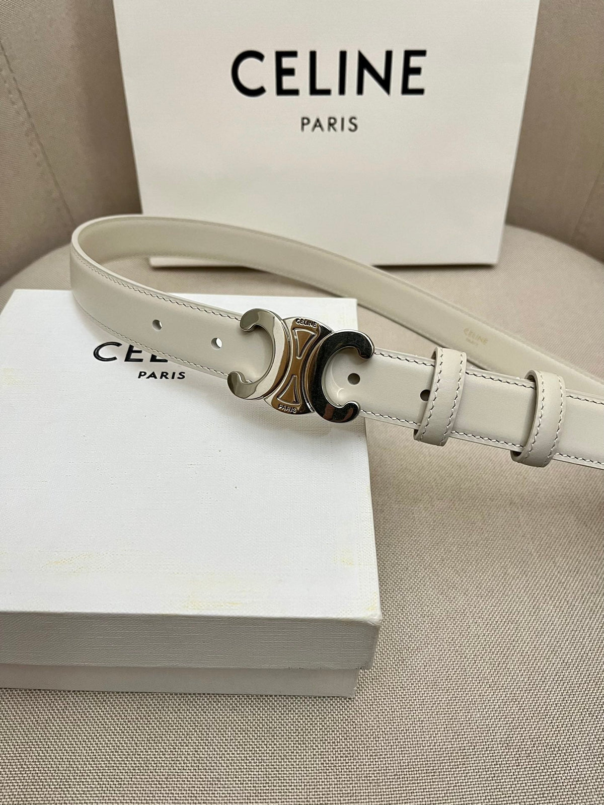 CELINE 25S TRIOMPHE 25MM BELT IN WHITE CALFSKIN SILVER HARDWARE