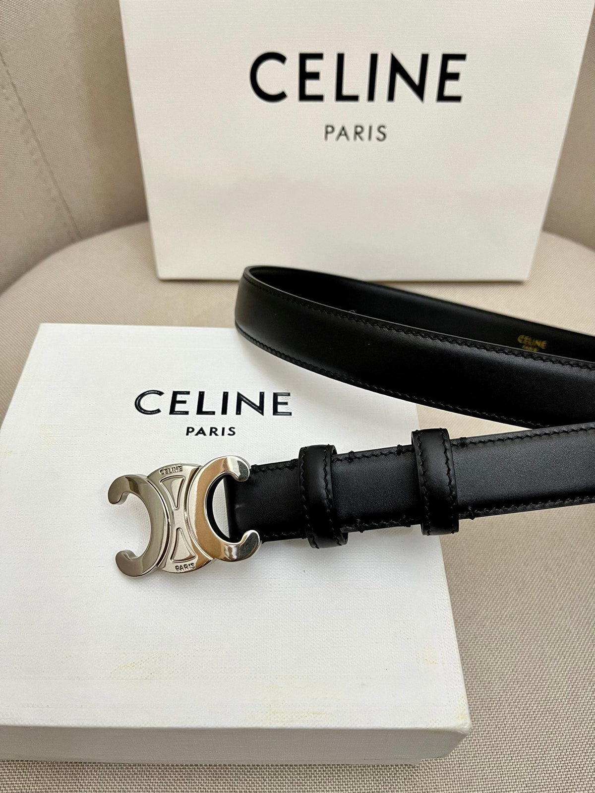 CELINE 25S TRIOMPHE 25MM BELT IN BLACK CALFSKIN SILVER HARDWARE