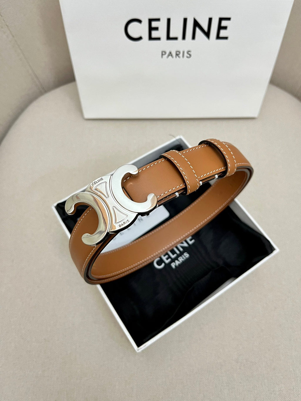 CELINE 25S TRIOMPHE 25MM BELT IN CARAMEL CALFSKIN SILVER HARDWARE