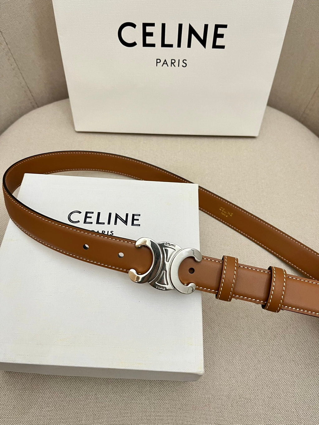 CELINE 25S TRIOMPHE 25MM BELT IN CARAMEL CALFSKIN SILVER HARDWARE