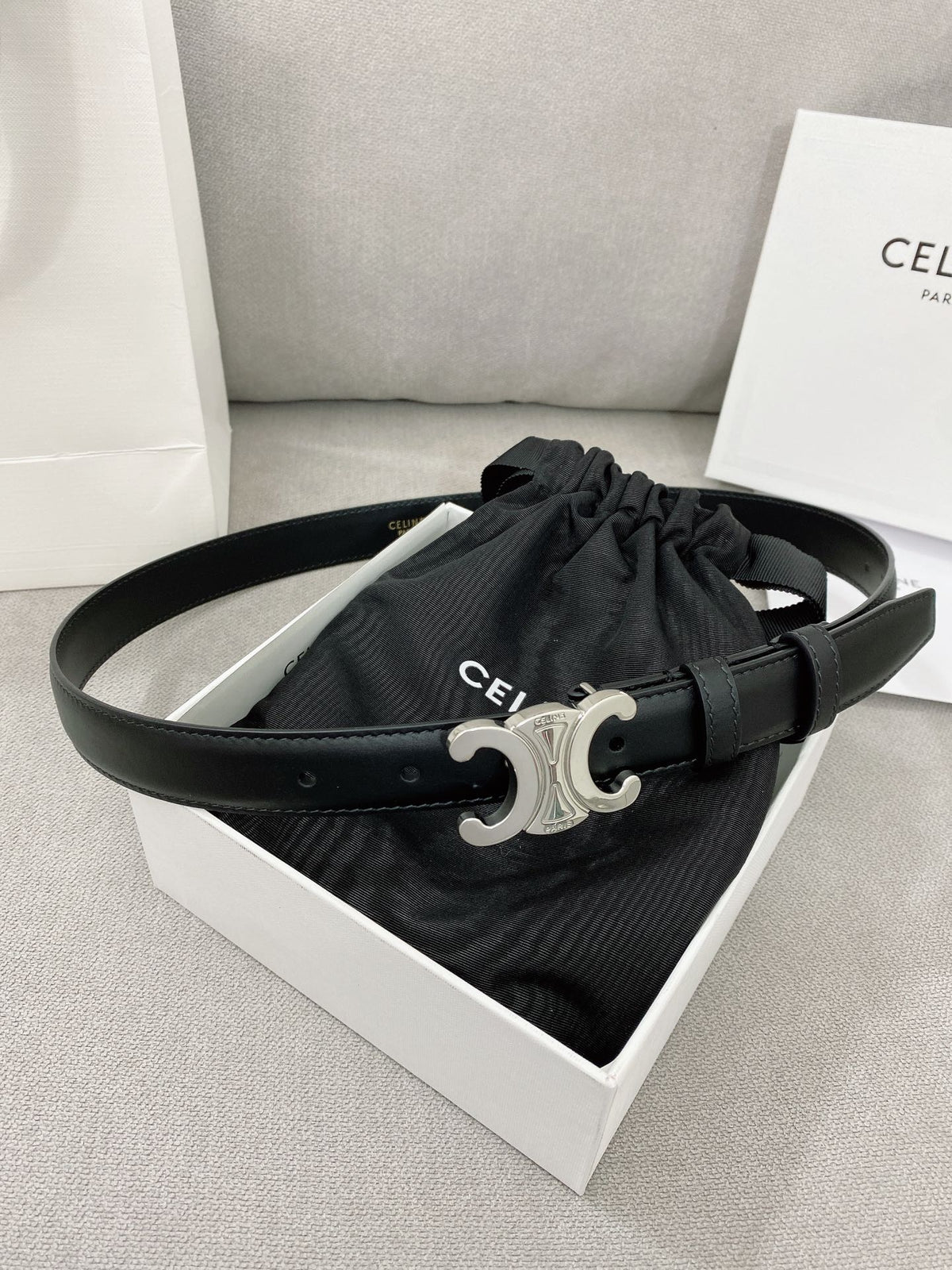 CELINE 25S TRIOMPHE BELT 25MM IN BLACK CALFSKIN SILVER HARDWARE 580680