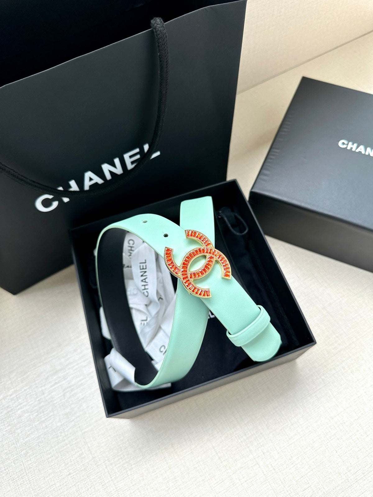 CHANEL 25S BELT 30 MM IN MINT GREEN CALFSKIN 616962