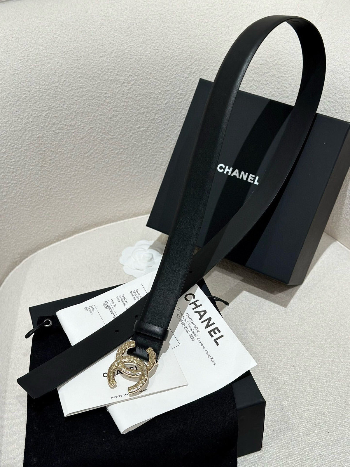 CHANEL DOUBLE C BELT 30MM IN BLACK CALFSKIN WITH GOLD HARDWARE AND CARO STITCHING