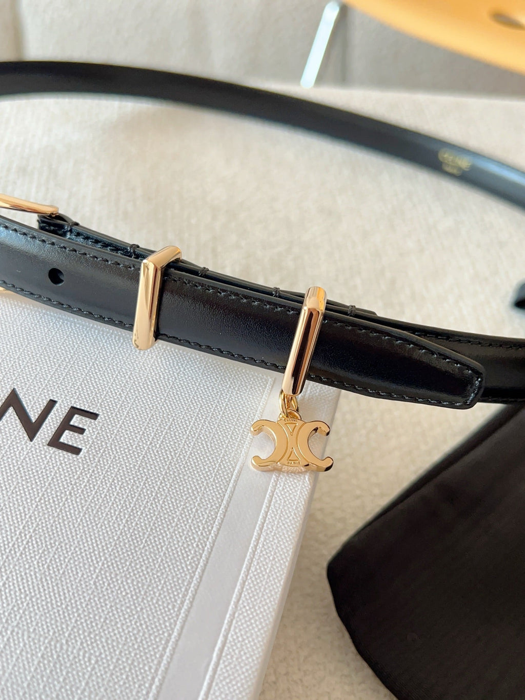 CELINE 25S BELT 18MM IN BLACK ELEGANT CHARM TAURILLON GOLD HARDWARE 585792