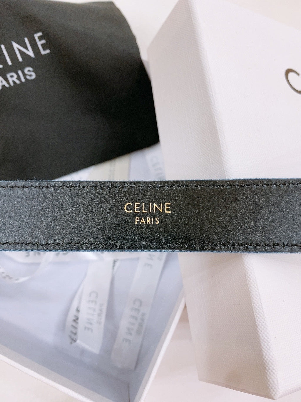 CELINE 25S BELT TRIOMPHE TAURILLON 25MM IN BLACK CALFSKIN AND DENIM 558343
