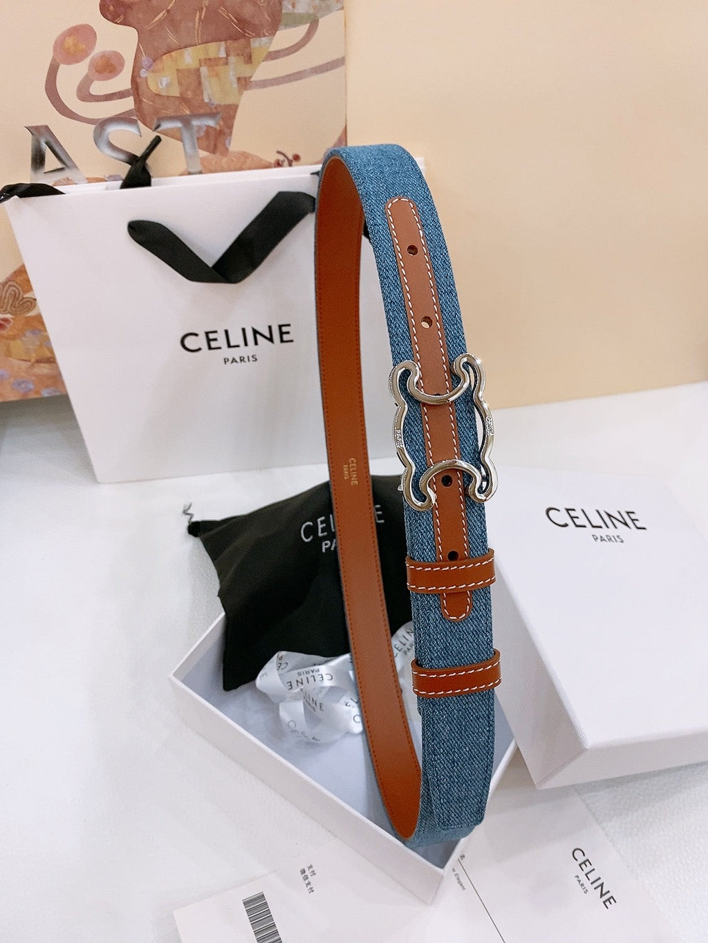 CELINE 25S BELT TRIOMPHE TAURILLON 25MM IN BROWN CALFSKIN AND DENIM 558350