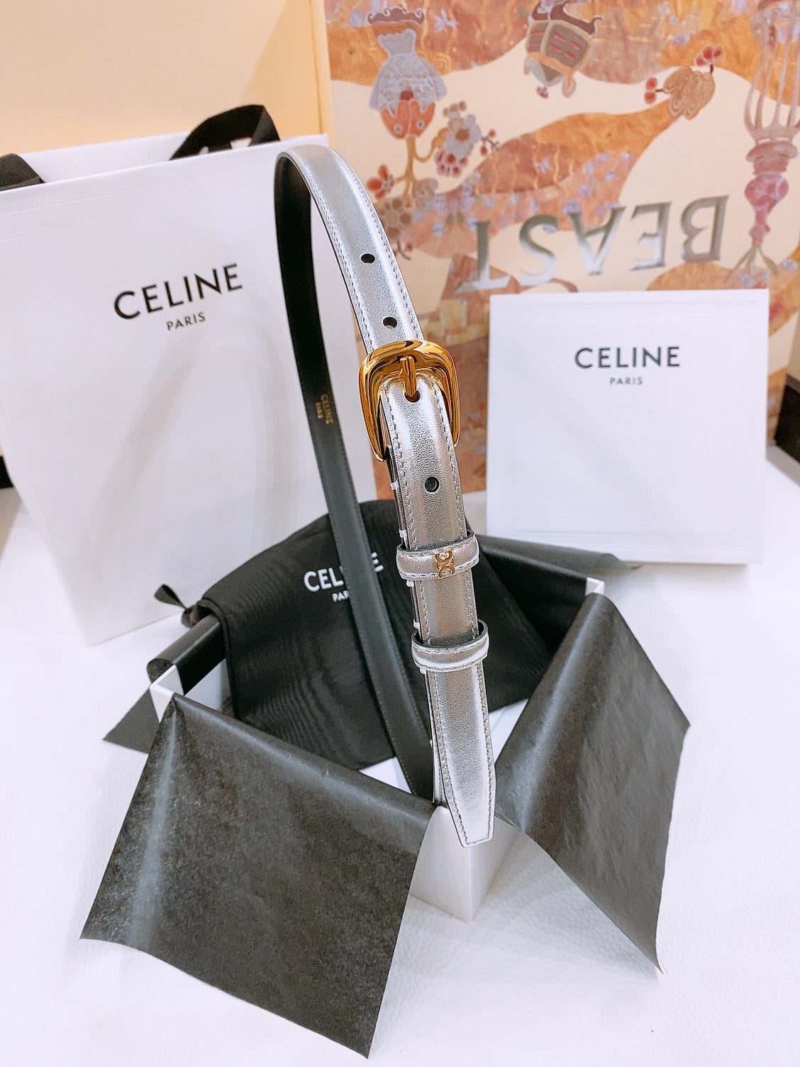 CELINE 25S BELT 18MM WITH ARC DE TRIOMPHE BUCKLE IN SILVER 571503