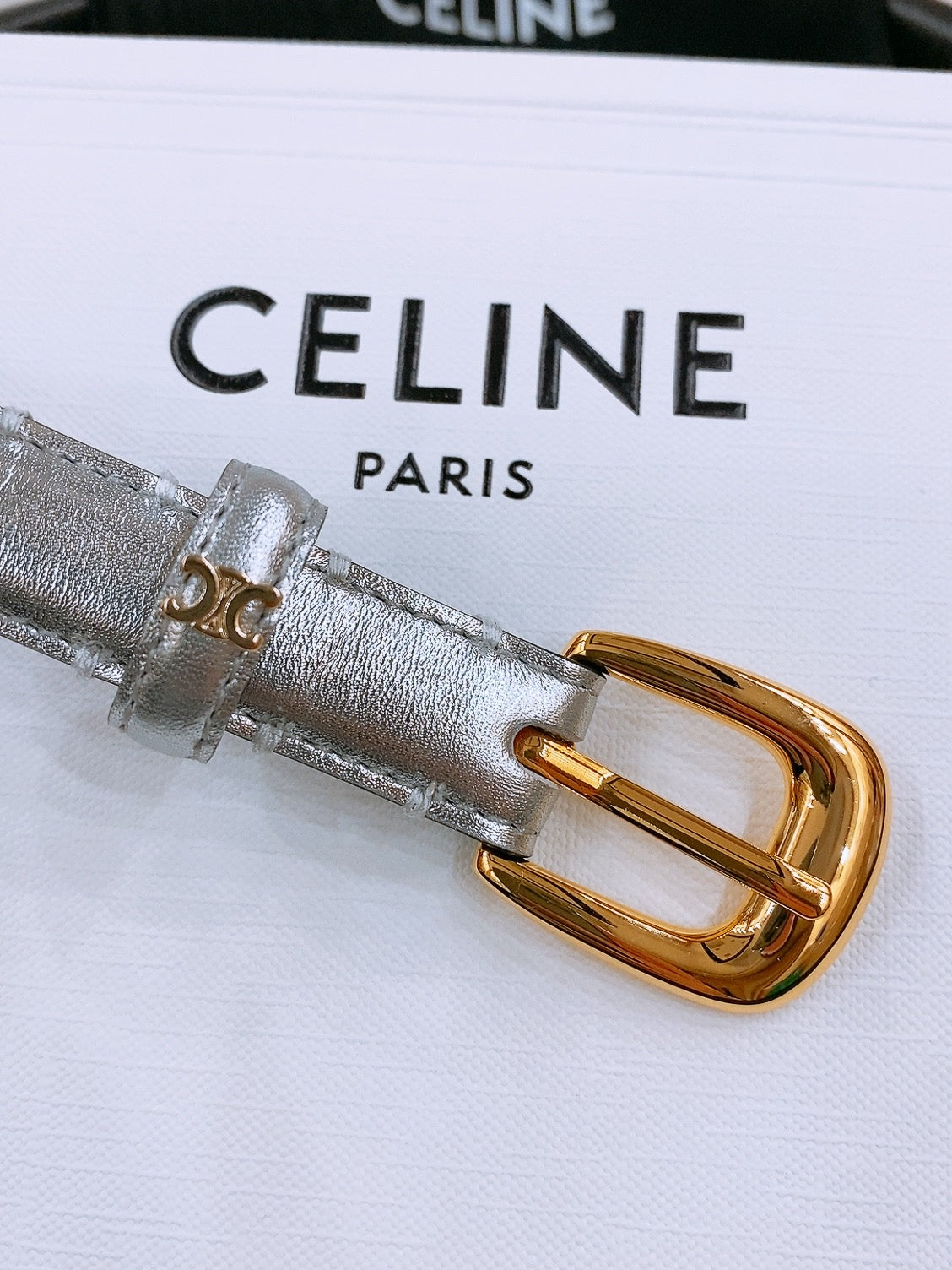 CELINE 25S BELT 18MM WITH ARC DE TRIOMPHE BUCKLE IN SILVER 571503