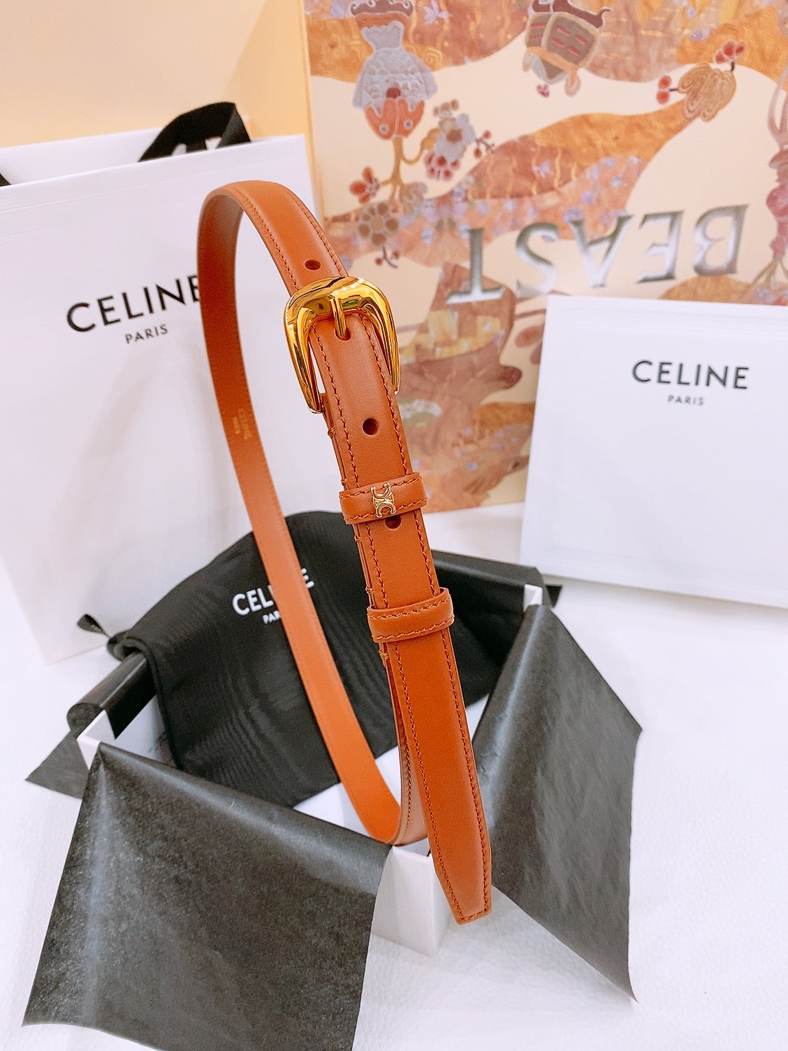 CELINE 25S BELT 18MM WITH ARC DE TRIOMPHE BUCKLE IN DARK CARAMEL 571504