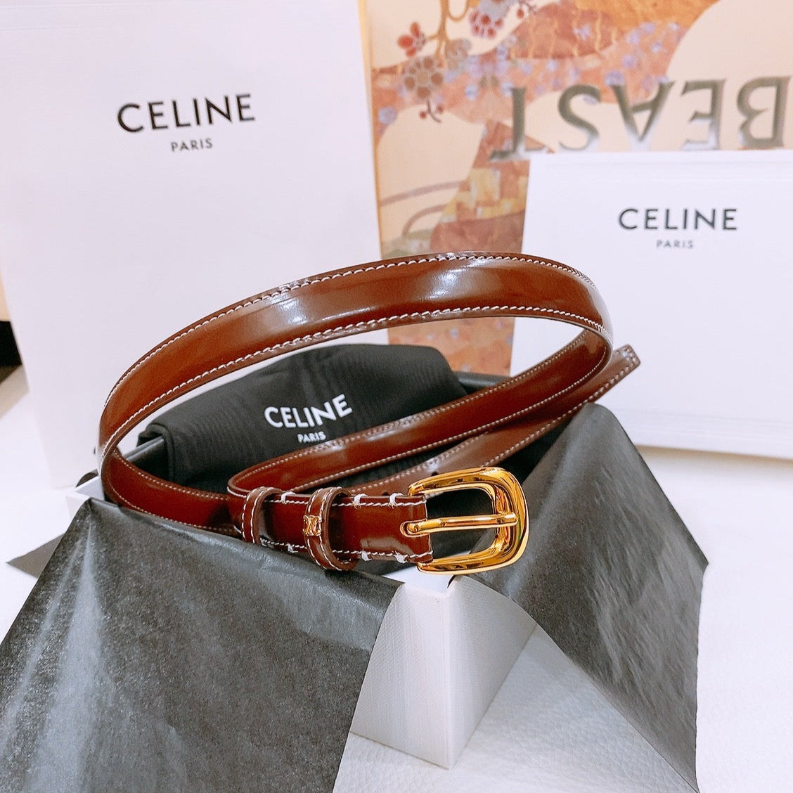 CELINE 25S BELT 18MM WITH ARC DE TRIOMPHE BUCKLE IN BURNT UMBER 571505