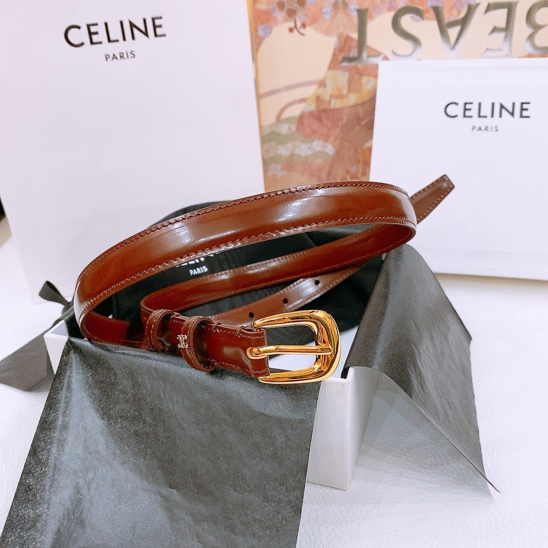 CELINE 25S BELT 18MM WITH ARC DE TRIOMPHE BUCKLE IN BURNT UMBER 571506